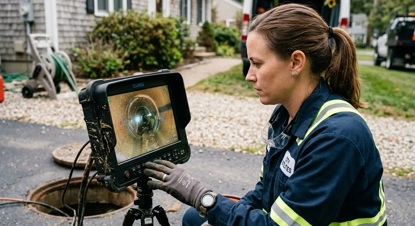 Technician reviewing sewer camera inspection footage in Benton