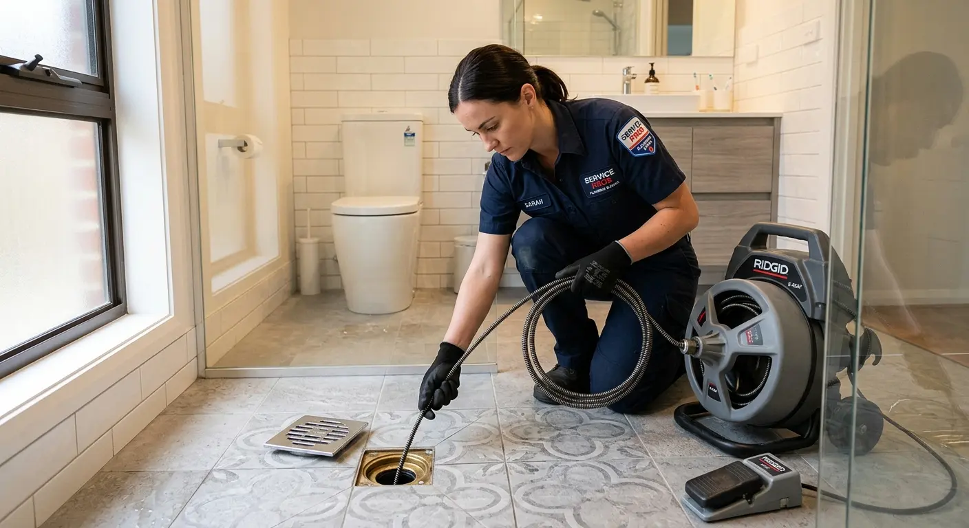 Technician clearing a bathroom floor drain for Drain Cleaning in Benton